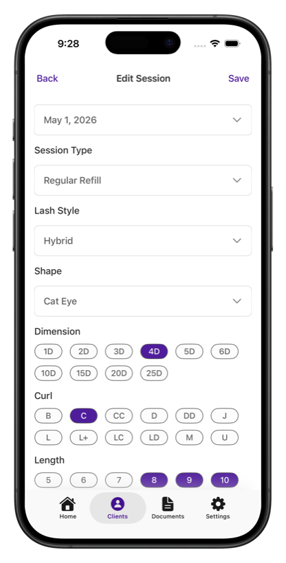 Lasha edit-session screen showing session type, lash style, eye shape, dimension, curl and length selectors